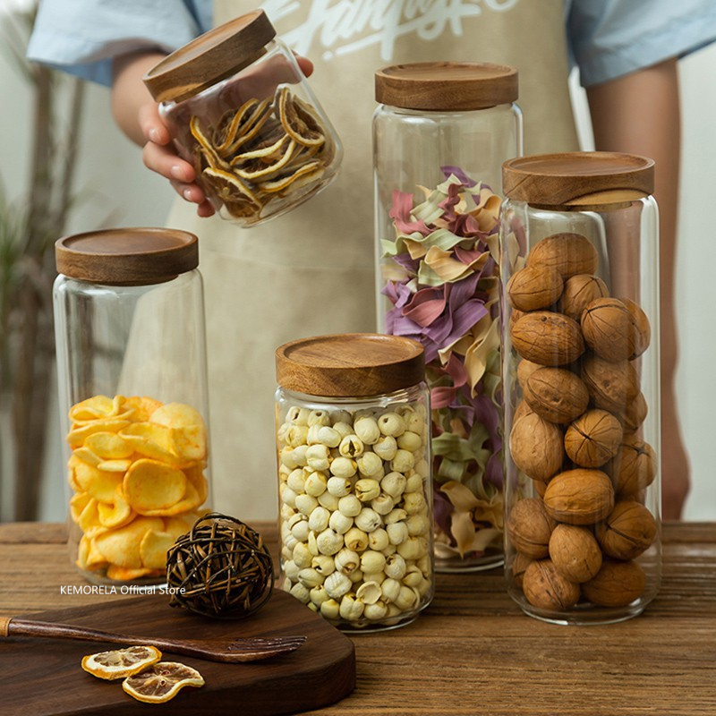 Food Storage Jars With Lids - Ahşap Kapaklı Cam Hava Geçirmez Teneke