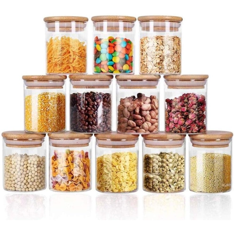 Food Storage Glass Containers Large - 12'li Cam Kavanoz Seti, Bambu Hava